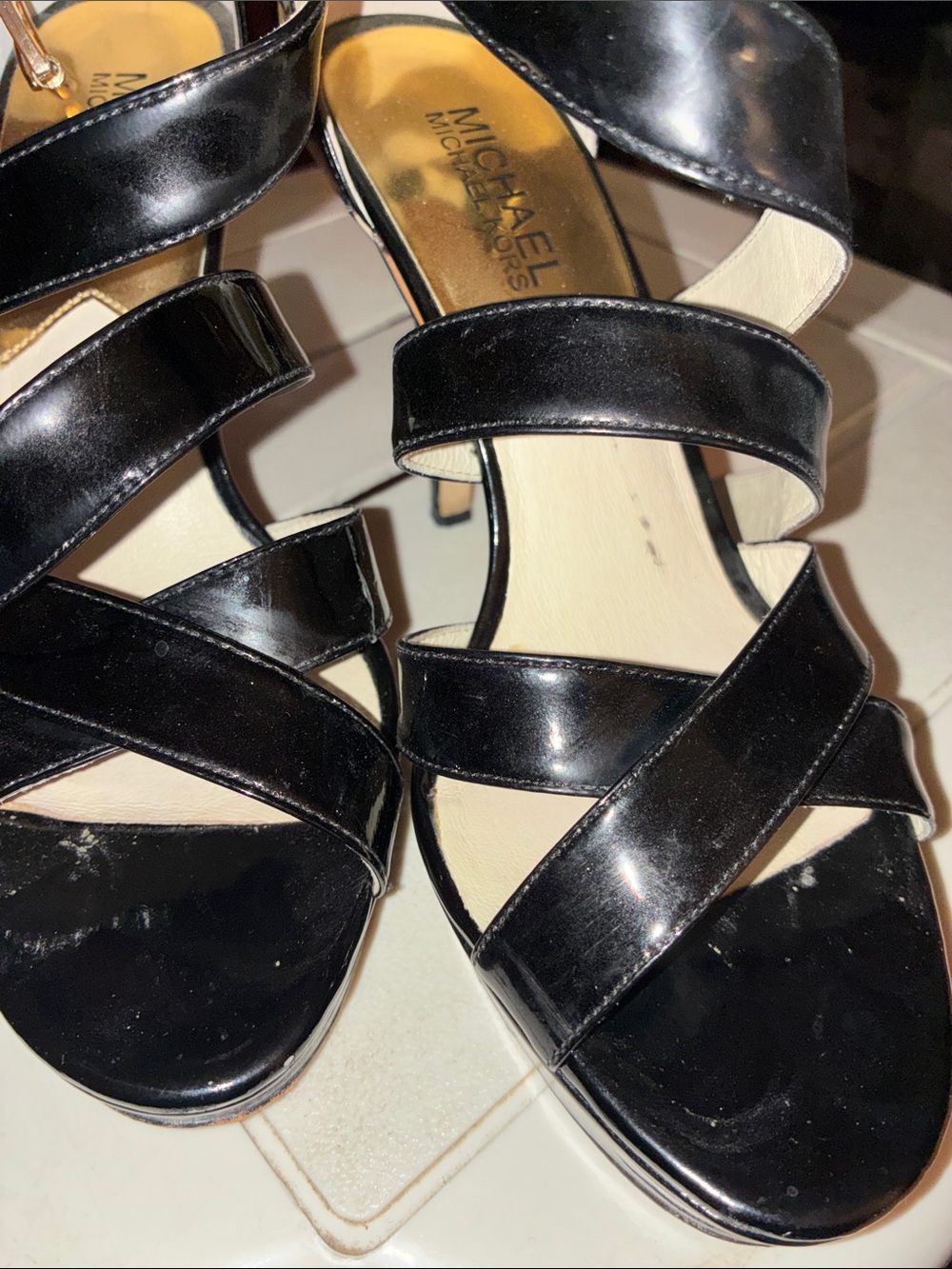 Michael Kors Black Patent Crisscross Heel Sandals